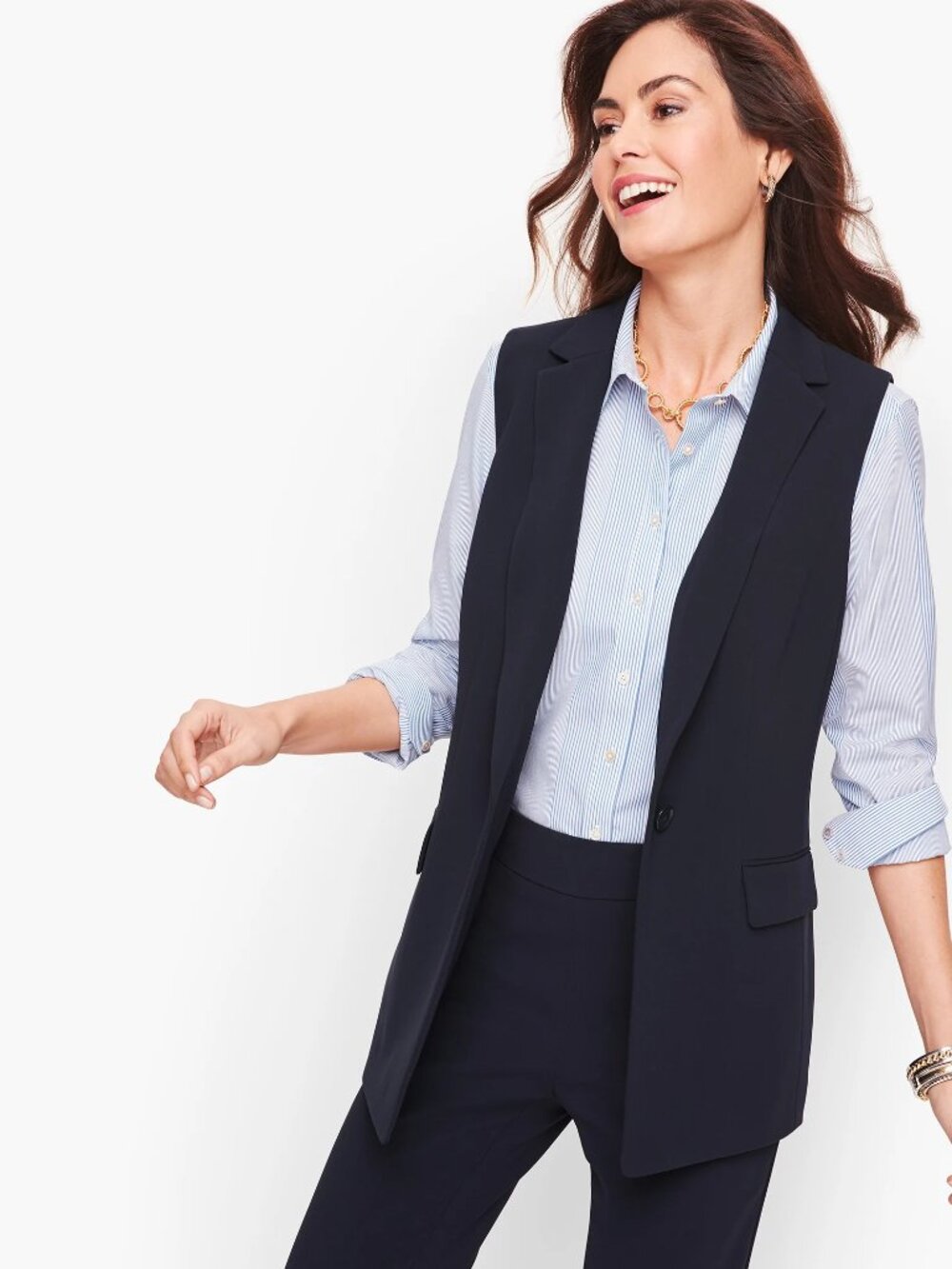 Talbots Easy SIngle Button Travel Sleeveless Vest Navy 16